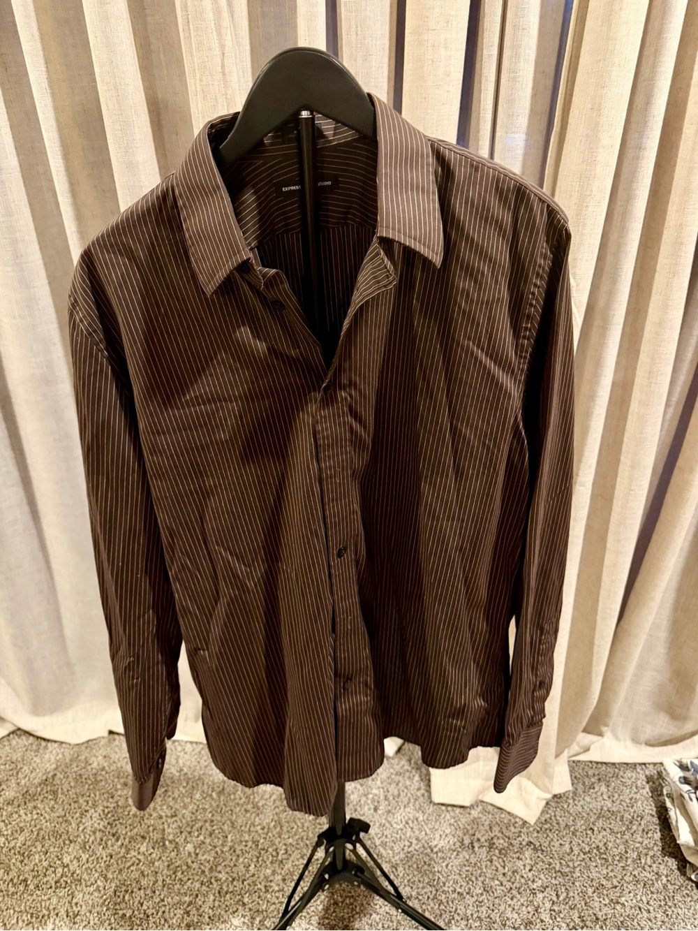 Express Men’s Brown Pinstripe Dress Shirt - Dark Brown with Light Pinstripes